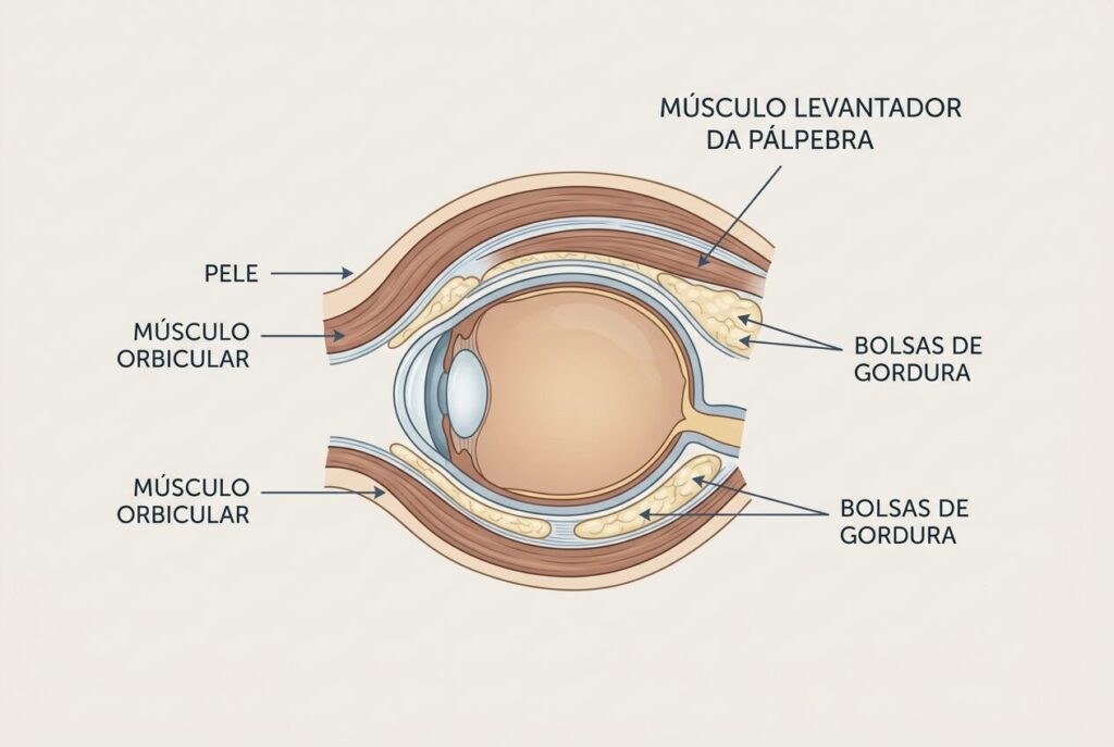 Ilustração anatômica simplificada, em corte lateral, mostrando pele, músculo orbicular, músculo levantador e bolsas de gordura das pálpebras superior e inferior. textos em pt-br.
