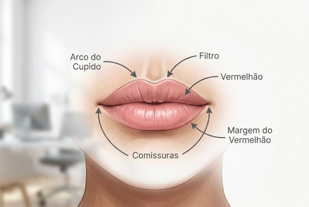 Ilustração limpa e elegante dos lábios com setas indicando vermelhão, arco do cupido, filtro e comissuras.