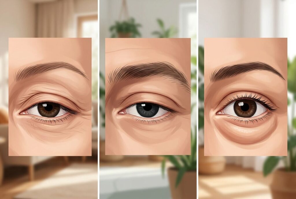 Três ilustrações lado a lado e sem rosto identificável: excesso de pele sobre os cílios, margem da pálpebra baixa cobrindo a pupila e bolsa de gordura na pálpebra inferior.