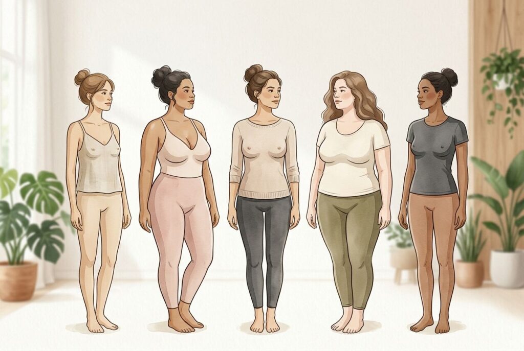 Ilustração minimalista e elegante de silhuetas femininas com seios de formatos e tamanhos diferentes, transmitindo diversidade e naturalidade.